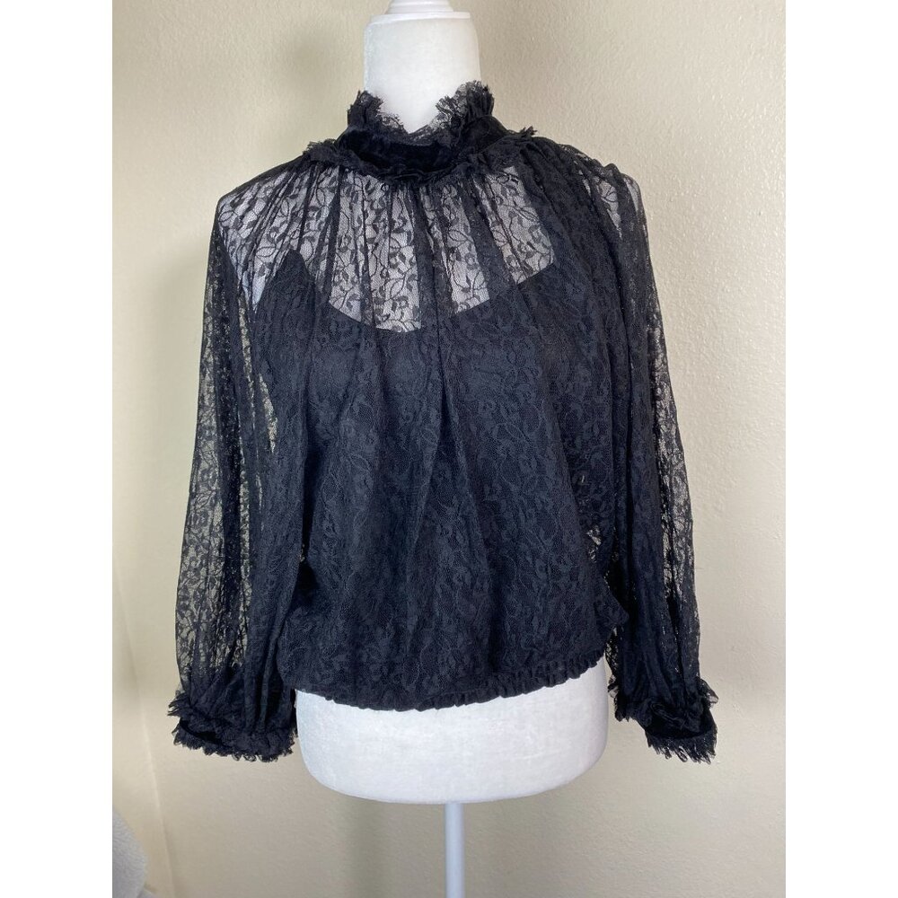 Vince Camuto Black Sheer Lace Long Sleeve Top Size Medium Ruffle Goth Whimsigoth